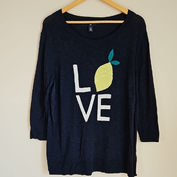 Gap Outlet 3/4 Sleeve Lightweight Love Spell Out W Lemon Navy Knit Sweater XL - Picture 1 of 8